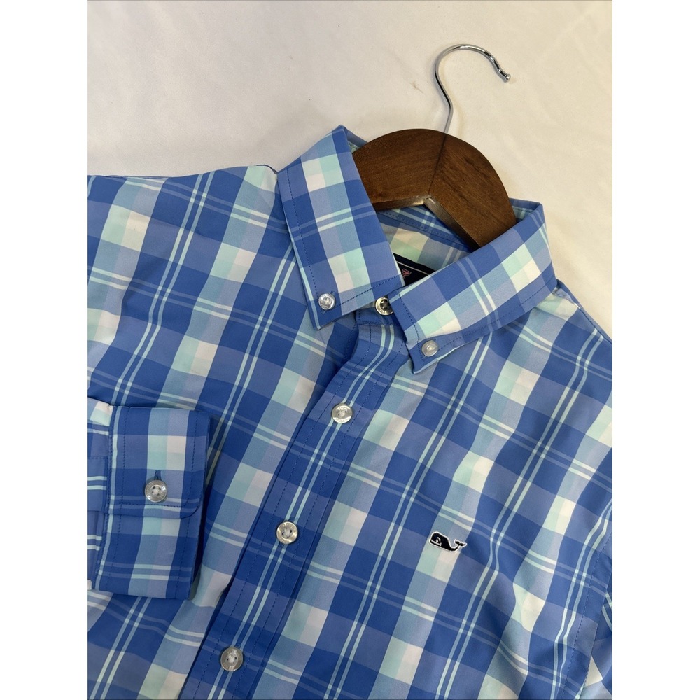 Vineyard Vines Whale Shirt Long Sleeve Button Down Shirt Blue Check Men's L (16)